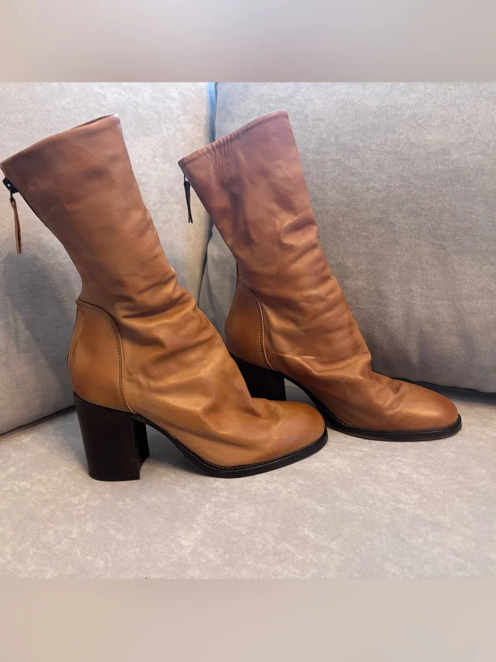 Free People Tan Leather Mid-Calf Block Heel Boots